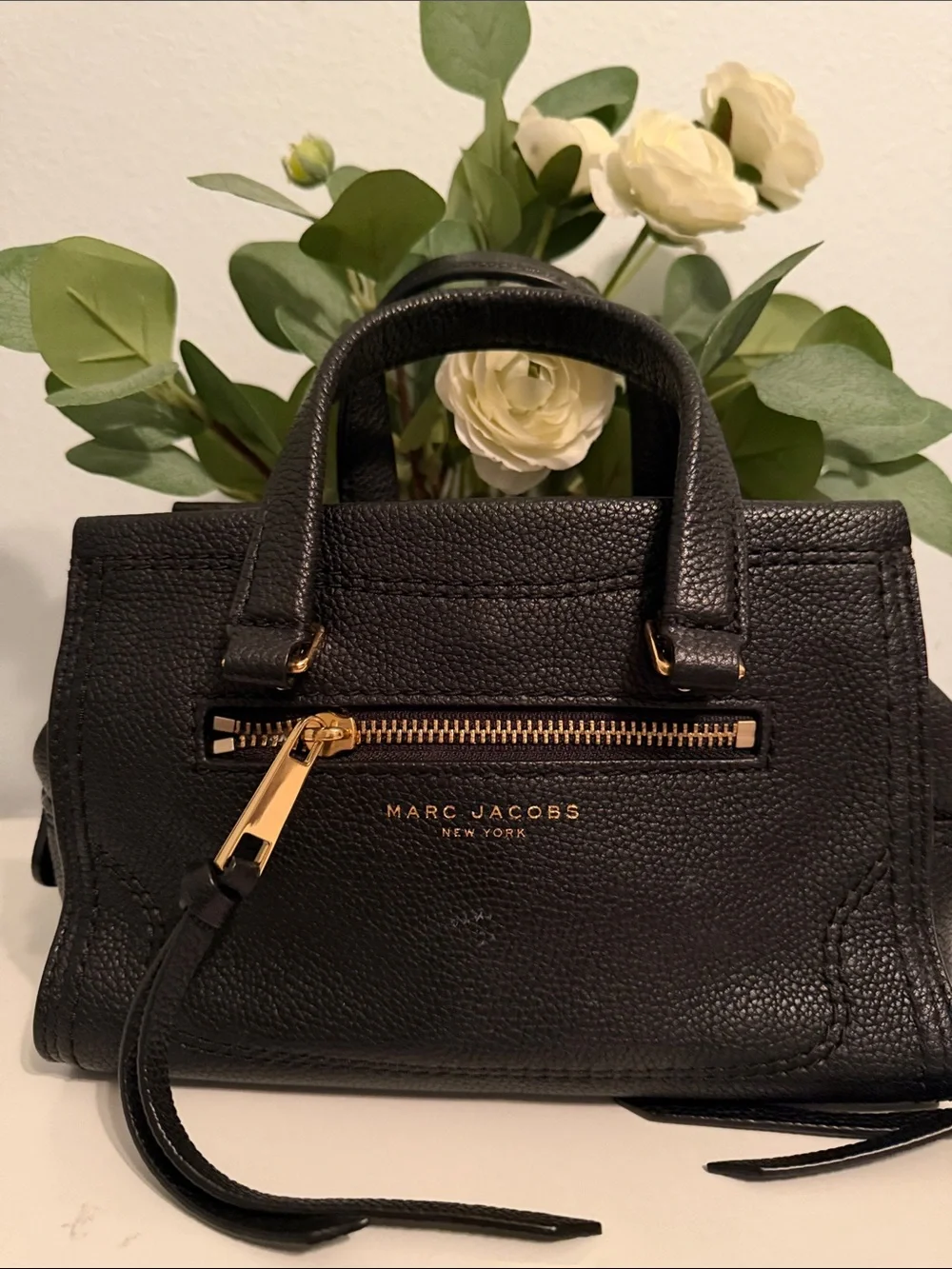 Marc Jacobs Black Pebbled Leather Mini Satchel with Gold Hardware